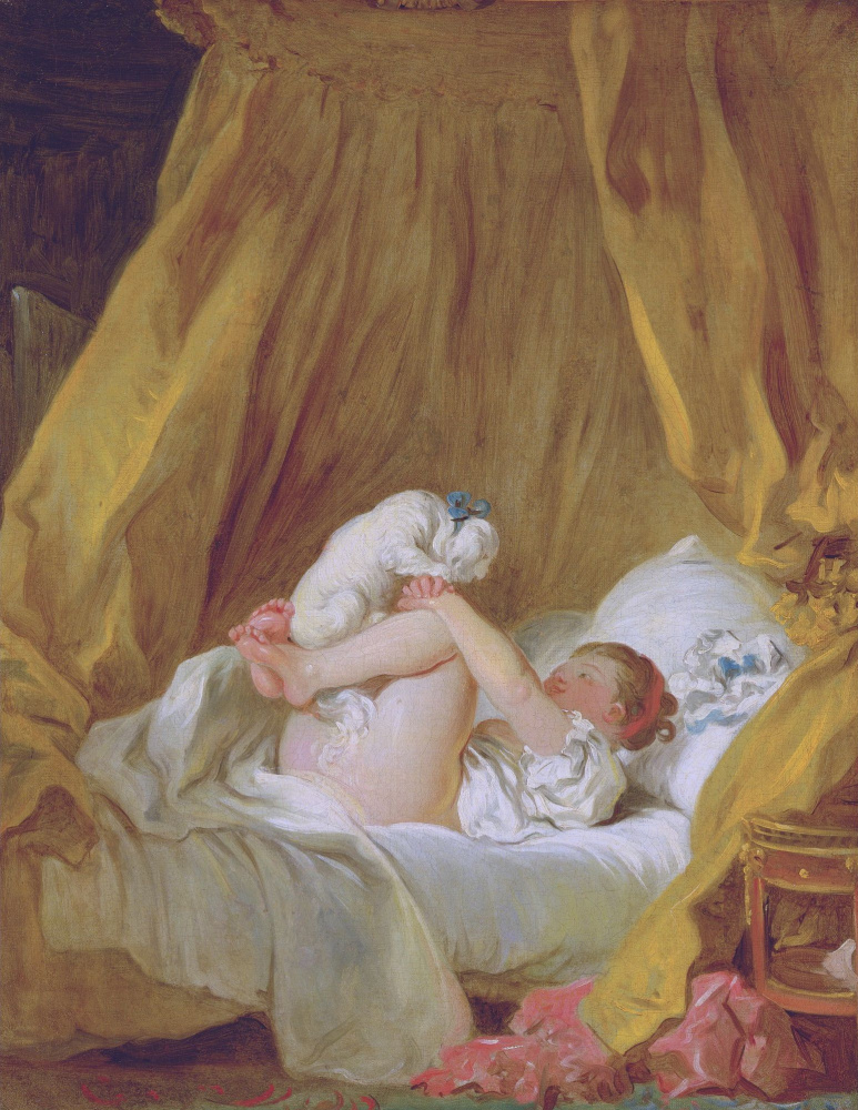 Жан Оноре Фрагонар. Девочка в постели, играющая с собачкой