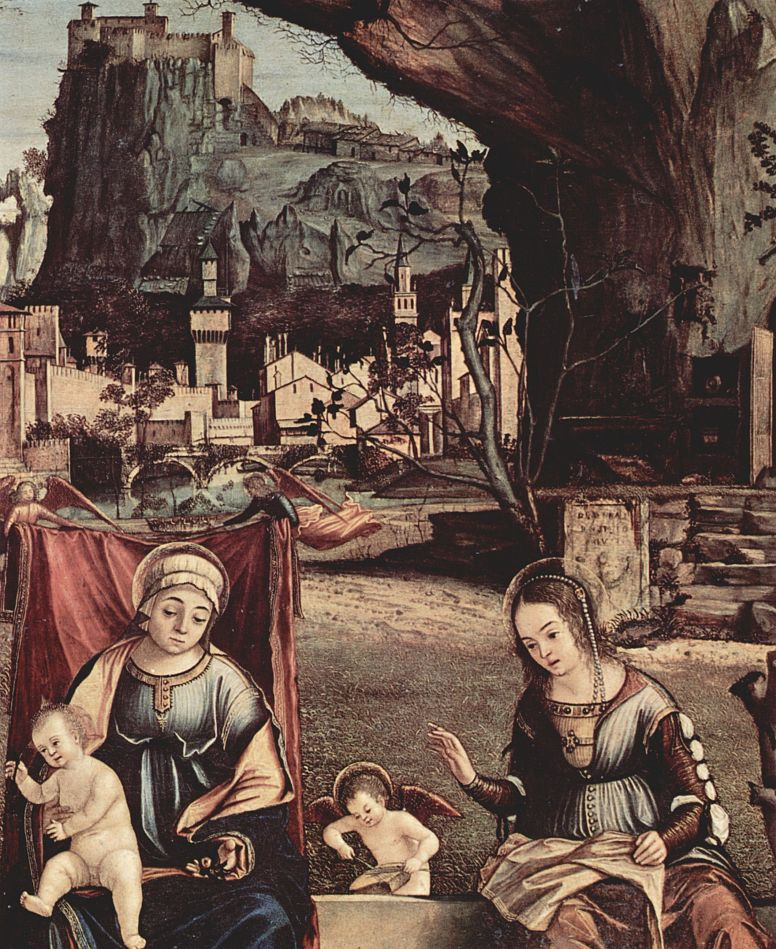 Витторе Карпаччо. Мадонна на троне и Иоанн Креститель, слева: св. Иосиф и св. Анна, справа: св. Елизавета и св. Захария, деталь: Мария и Елизавета