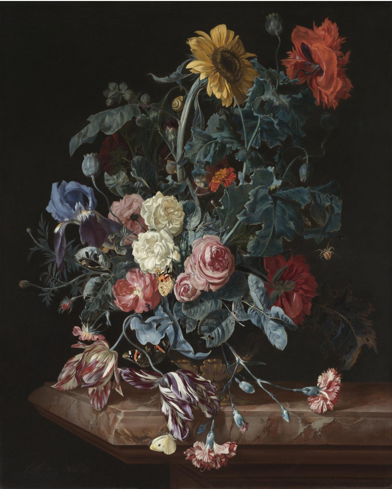 Виллем ван Алст. Натюрморт с букетом цветов на мраморном столе