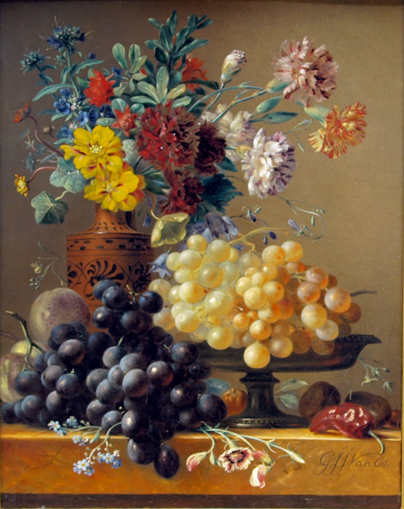 Георг Якоб Иоганн ван Ос. Натюрморт с фруктами и цветами в греческой вазе
