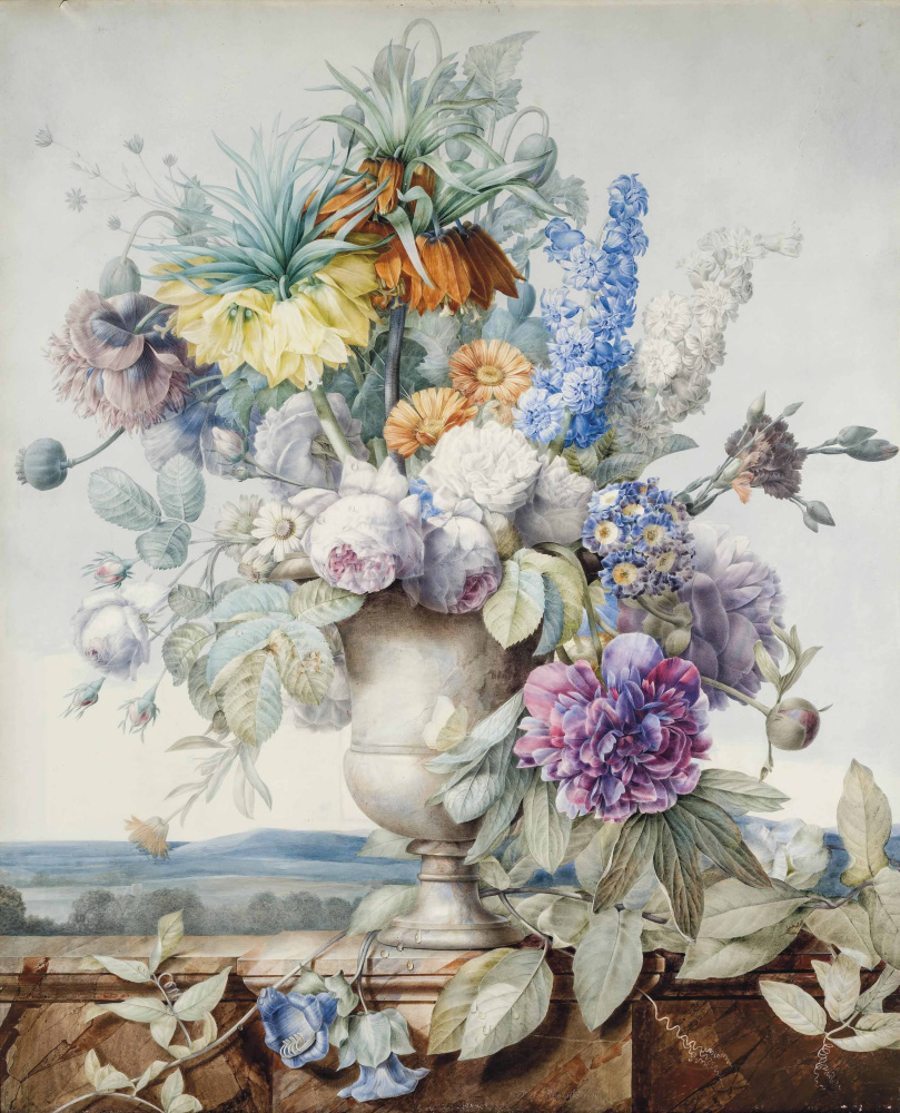 Пьер-Жозеф Редуте. Букет цветов в гипсовой вазе на фоне пейзажа