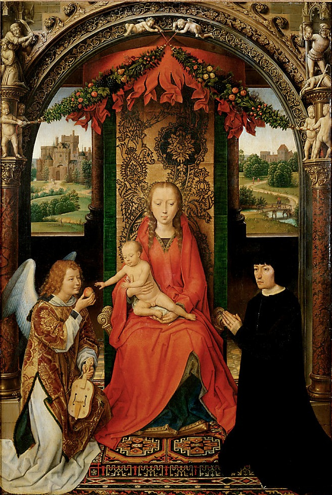 Ганс Мемлинг. Малый триптих Святого Иоанна Крестителя. Центральная панель:  Мария с ребенком на троне, ангел и неизвестный донатор