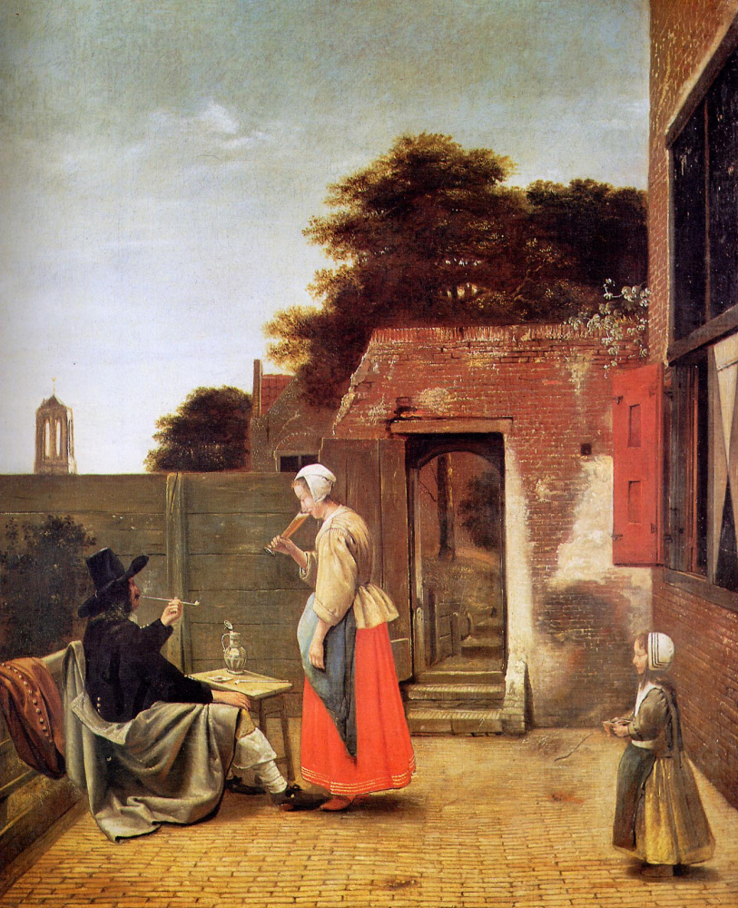 Питер де Хох. Голландский двор. Мужчина с трубкой и женщина, пьющая вино