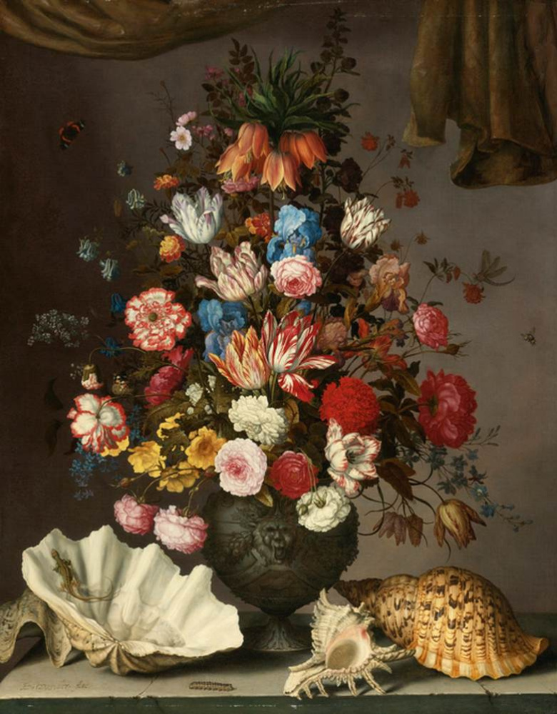 Балтазар ван дер Аст. Натюрморт с цветами в вазе и крупными раковинами