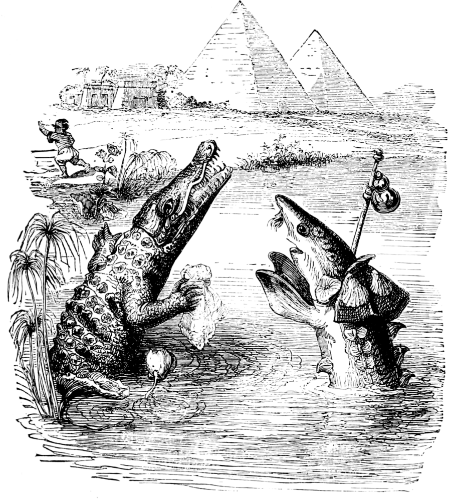 Жан Иньяс Изидор (Жерар) Гранвиль. Осетр и Крокодил. Иллюстрации к басням Флориана