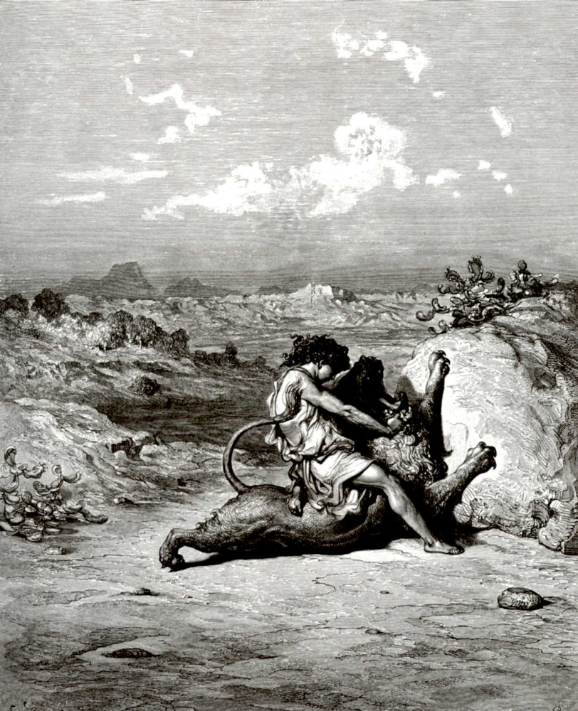 Поль Гюстав Доре. Иллюстрация к Библии: Самсон убивает льва