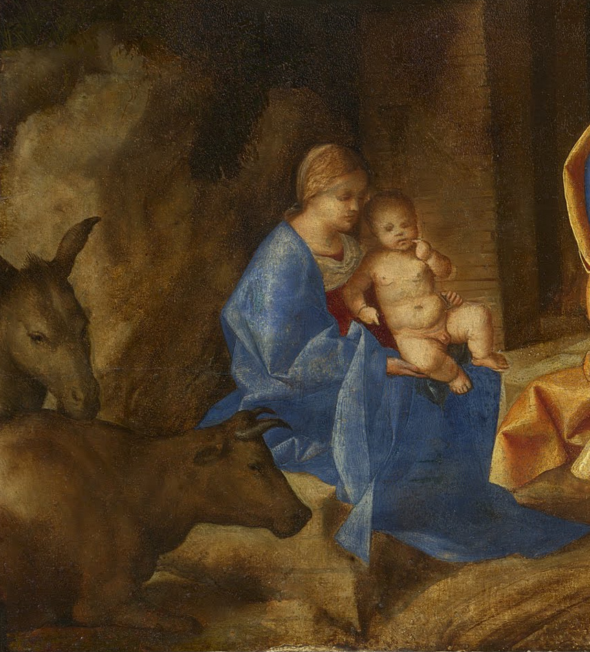 Джорджоне. Поклонение волхвов. Фрагмент: Мария с младенцем Христом, волом и ослом