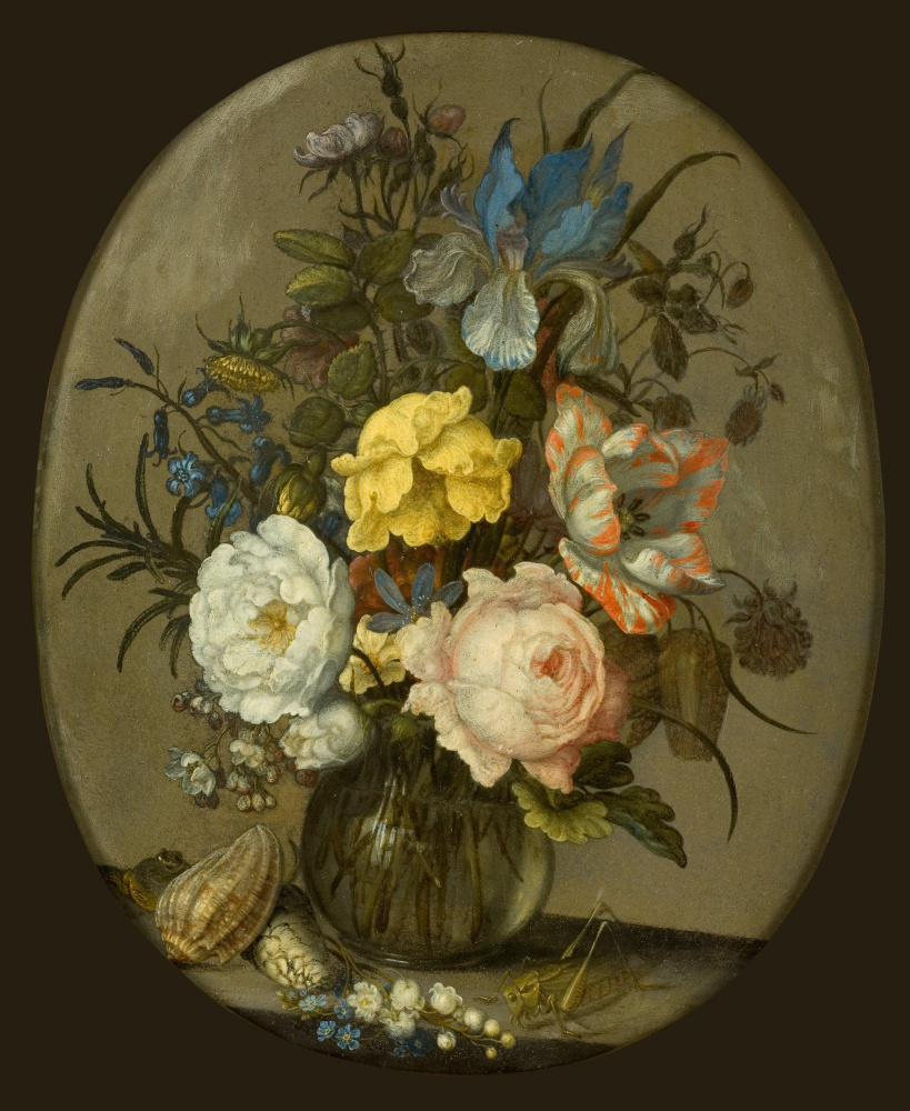 Балтазар ван дер Аст. Цветы в стеклянной вазе, раковины и насекомые