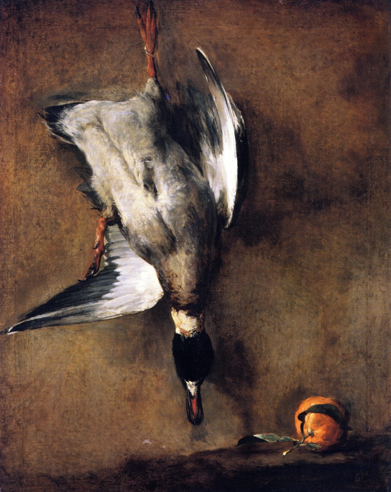 Жан Батист Симеон Шарден. Селезень кряквы, висящий на стене, и севильский апельсин