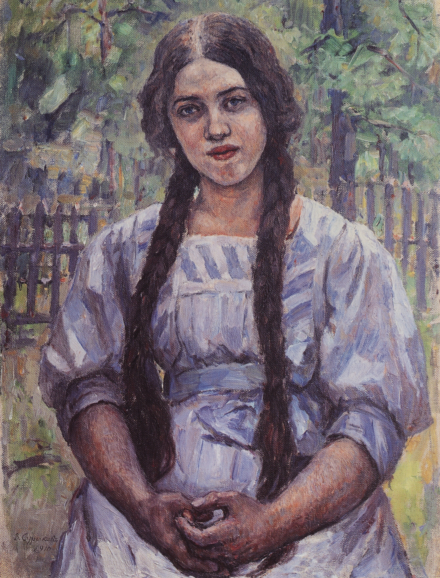 Василий Иванович Суриков - Девушка с косами. Портрет А.А. Добринской, 1910,  49×70 см: Описание произведения | Артхив