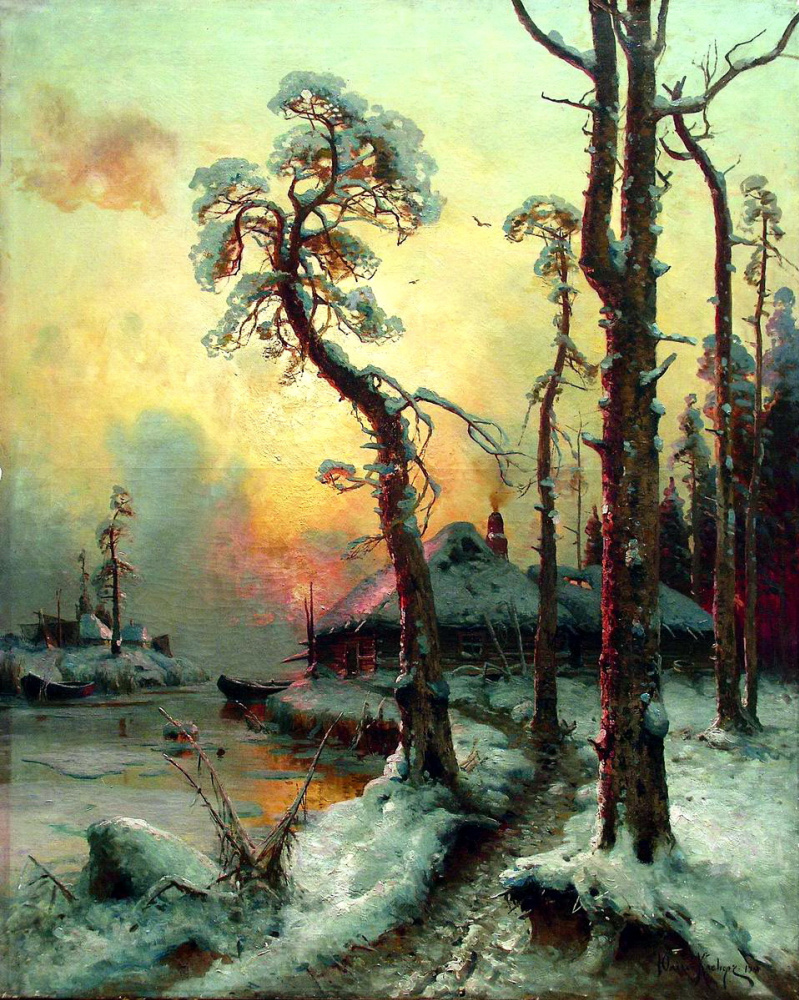 Юлий Юльевич Клевер. Зимний пейзаж с рекой и домами