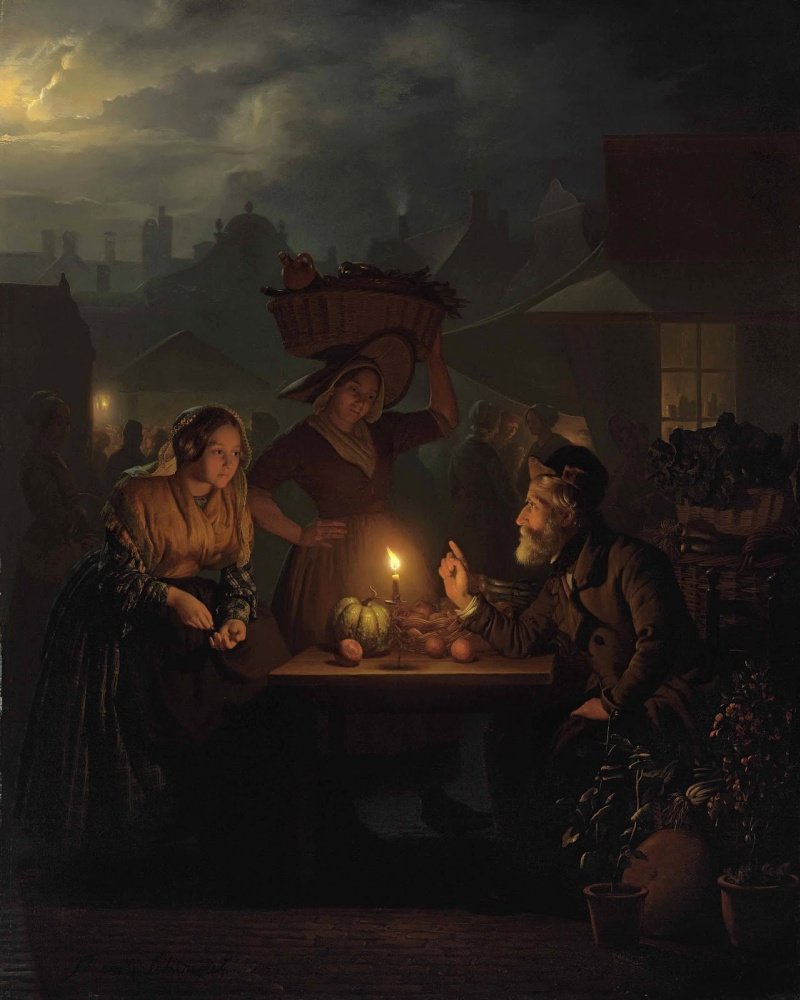 Петрус ван Шендель. Торговец фруктами, овощами и цветами на ночном рынке. 1854
