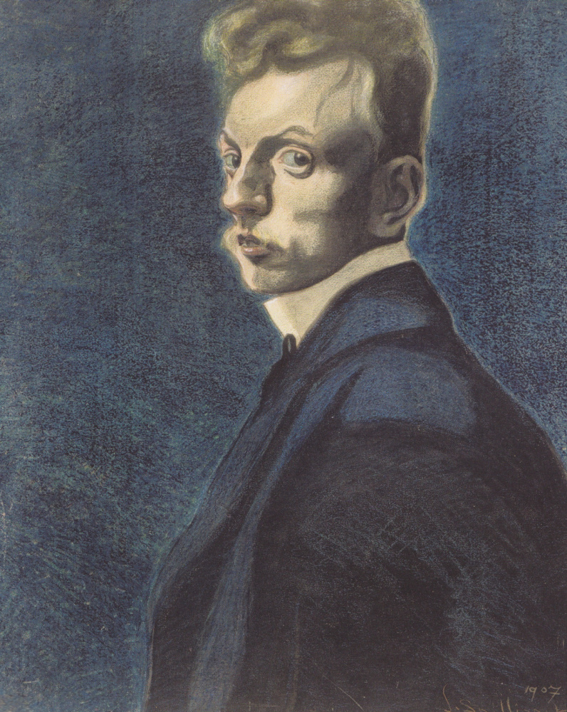 Леон Спиллиарт. Self portrait on blue background, 1907 kalk, ink, color pencil