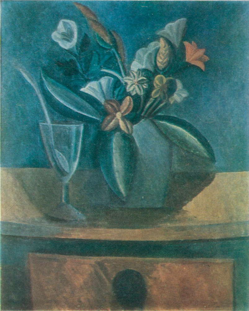 Пабло Пикассо. Букет цветов в сером кувшине и бокал с ложкой