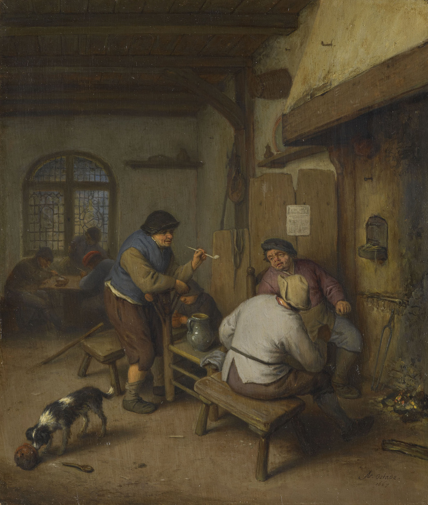 Адриан Янс ван Остаде. Три крестьянина в таверне у очага