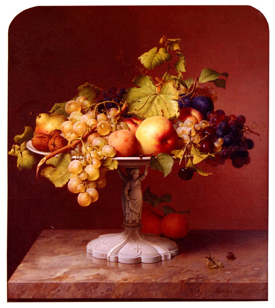 Иоганн Вильгельм Прейер. Натюрморт с вазы с фруктами на мраморном столе
