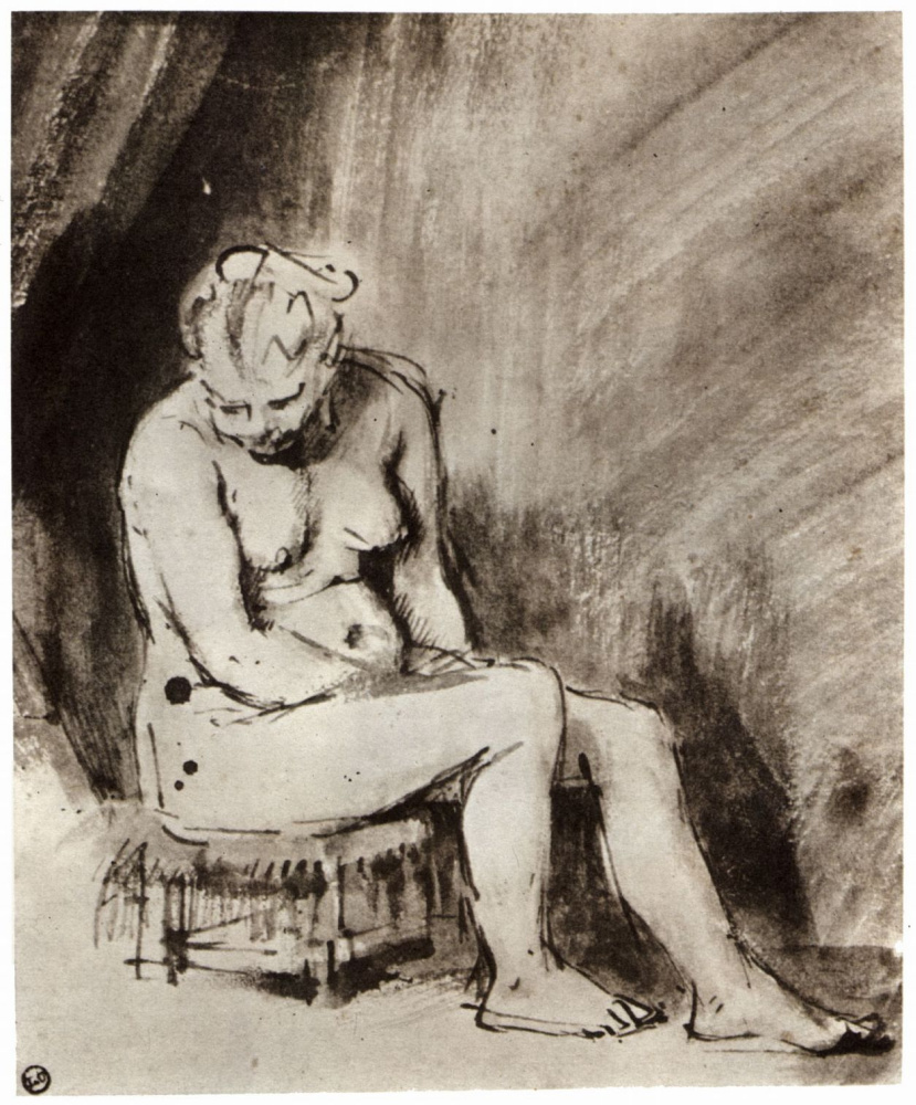 Рембрандт Харменс ван Рейн. Обнаженная, сидящая на табурете