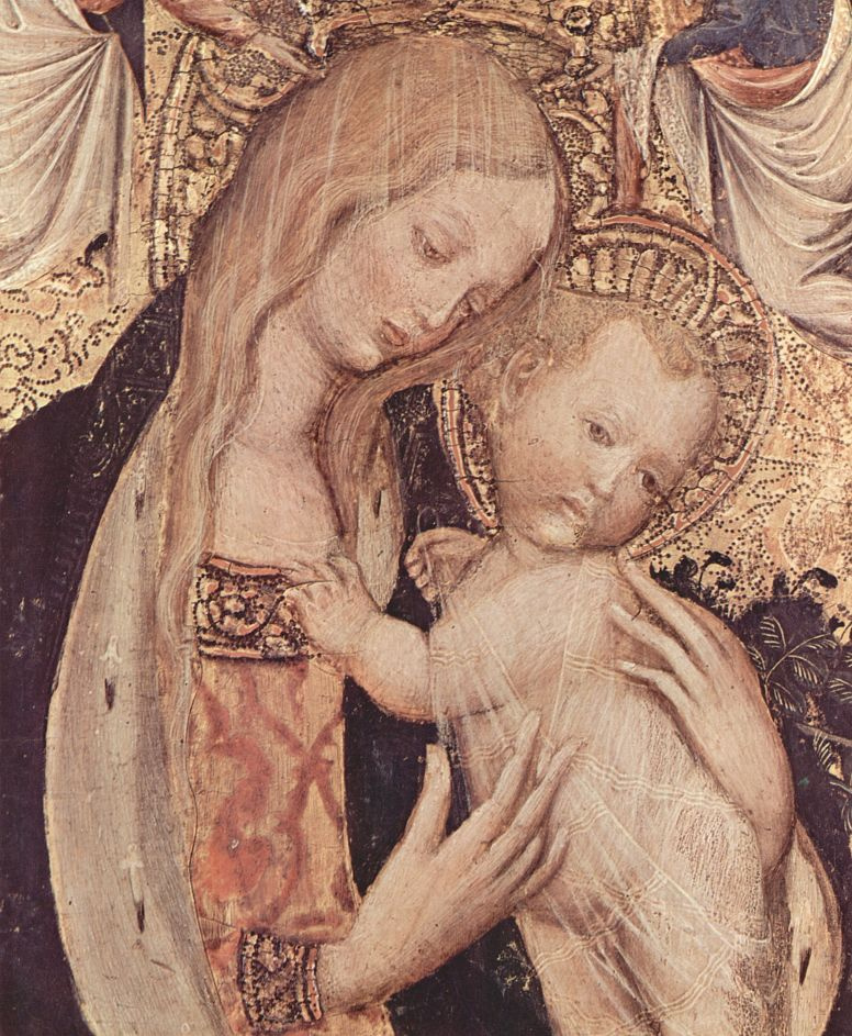 Антонио Пизанелло. Мадонна с перепелом, сцена: Мария с младенцем Христом, двумя ангелами и перепелом, деталь: Мадонна