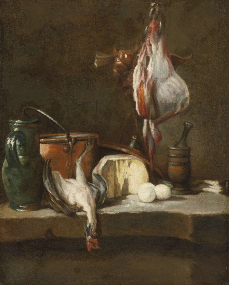 Жан Батист Симеон Шарден. Натюрморт с битой птицей, медной посудой, яйцами и кувшином