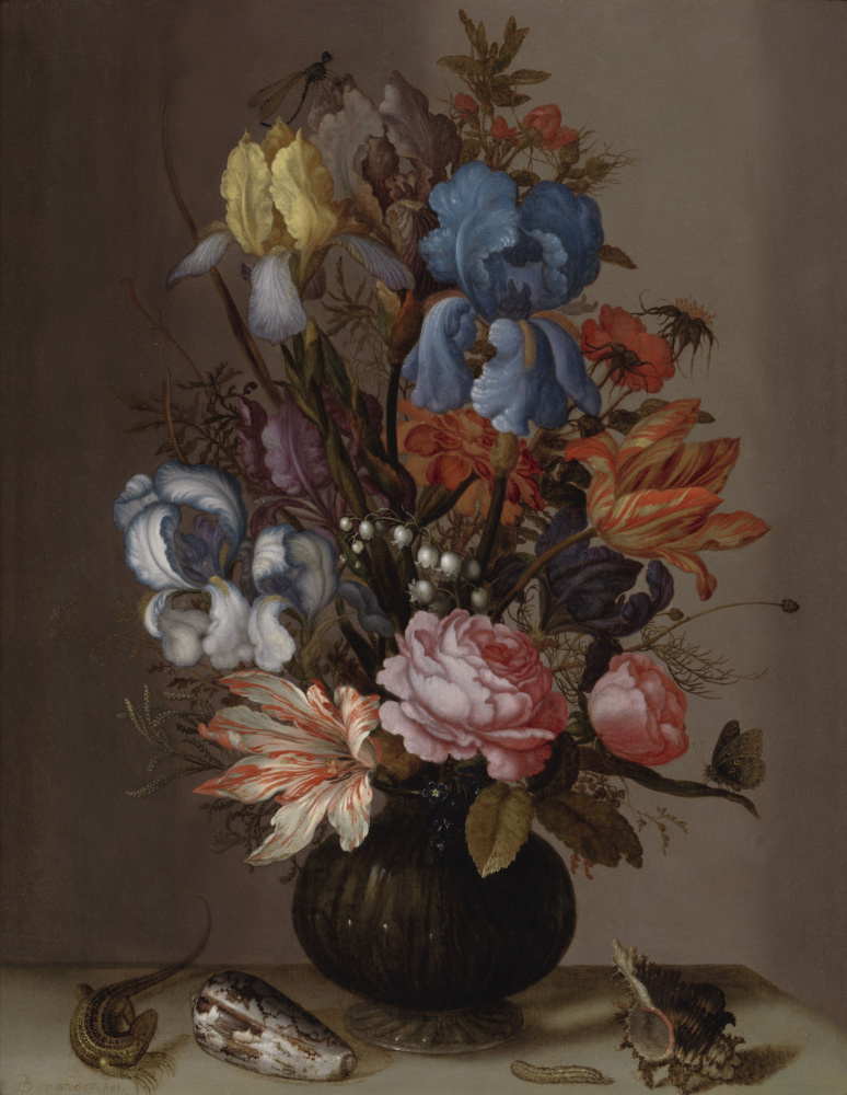 Балтазар ван дер Аст. Натюрморт с тюльпанами, розами, ирисами и другими цветами с ящерицей, гусеницей и ракушками
