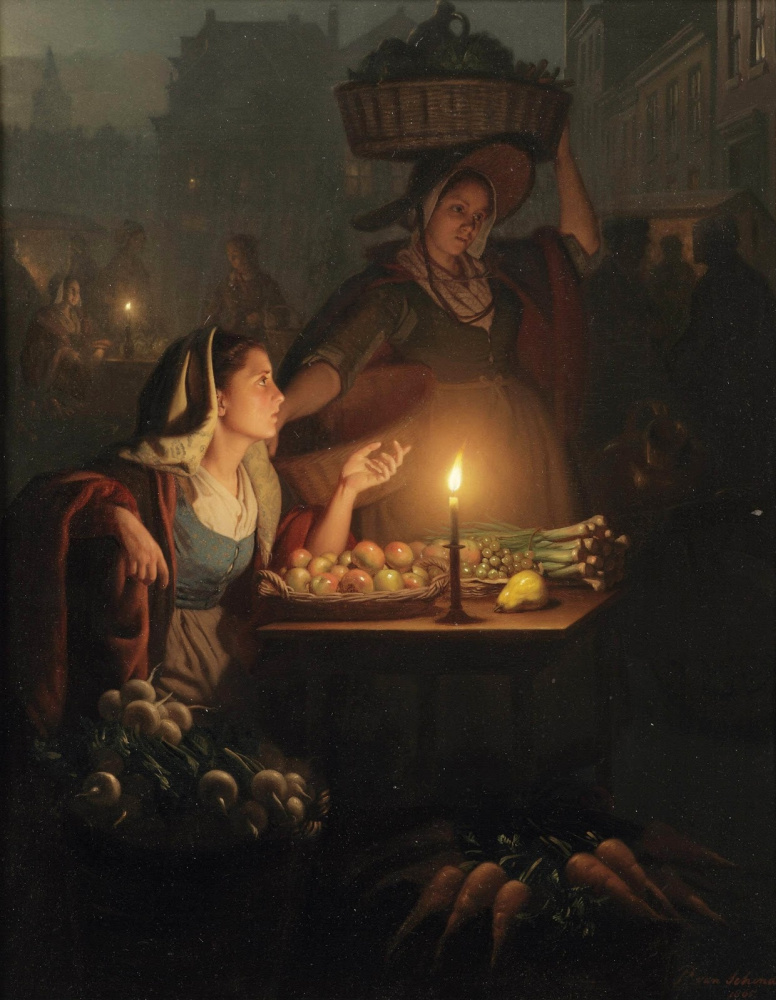 Петрус ван Шендель. Оживленный ночной рынок с овощным лотком. 1865