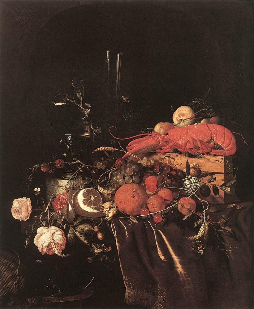 Ян Давидс де Хем. Натюрморт с фруктами, цветами, бокалом и лобстером