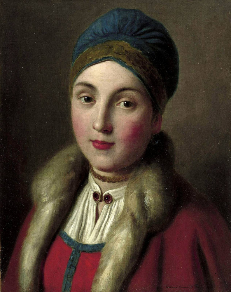 Пьетро Ротари. Портрет женщины с красным пальто с меховой отделкой, синей шляпой, белой блузкой