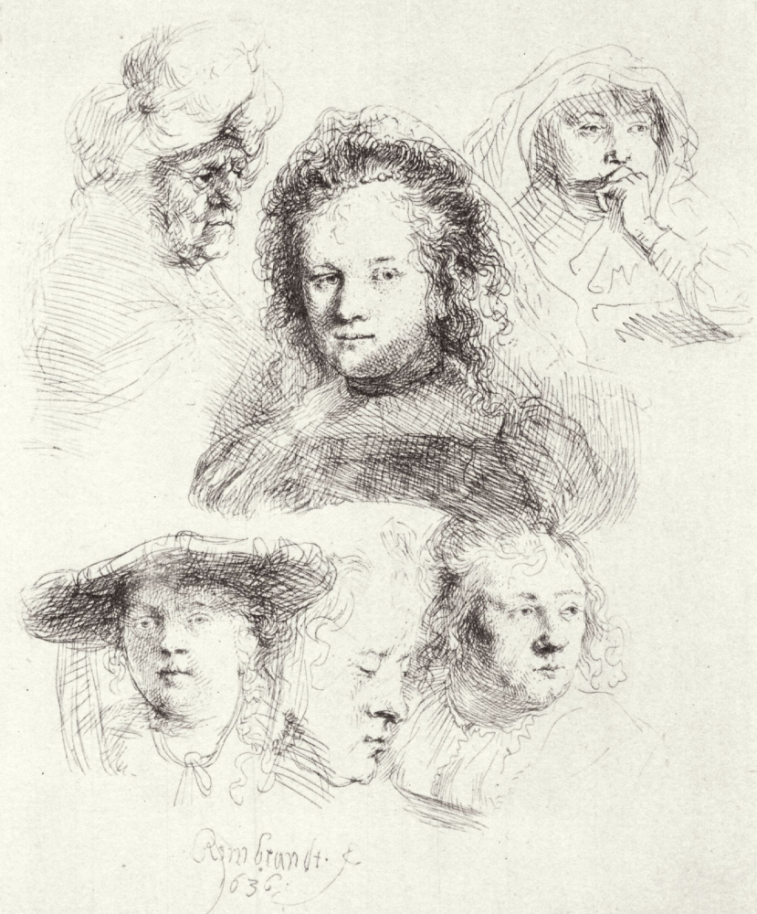 Рембрандт Харменс ван Рейн. Лист этюдов с шестью женскими головами