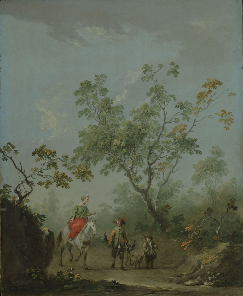 Норберт Грунд. Сильванский пейзаж с дамой верхом, сокольничим и псарём