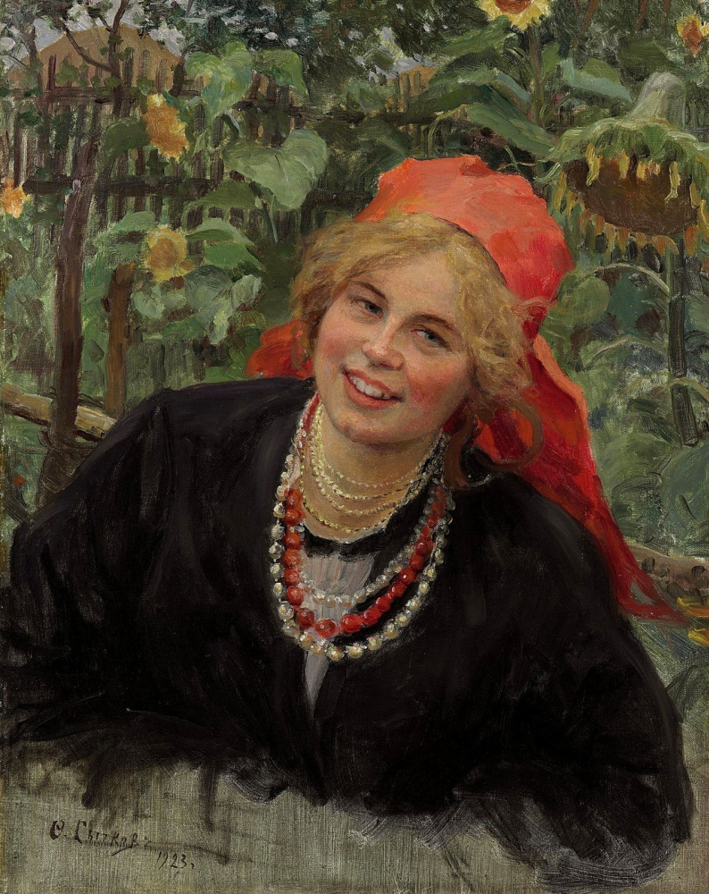 Федот Васильевич Сычков. Крестьянская девушка в красном платке на фоне пейзажа. 1923