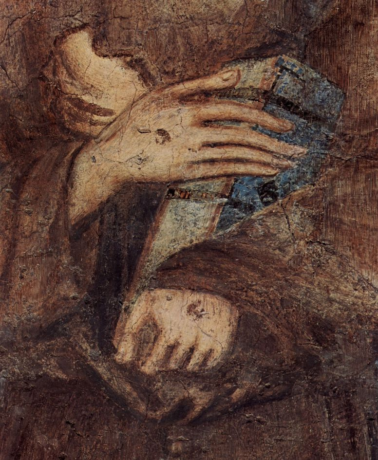 Чимабуэ (Ченни ди Пепо). Фрески нижней церкви Сан Франческо в Ассизи, правый неф, сцена: Мадонна на троне, четыре ангела и св. Франциск, деталь