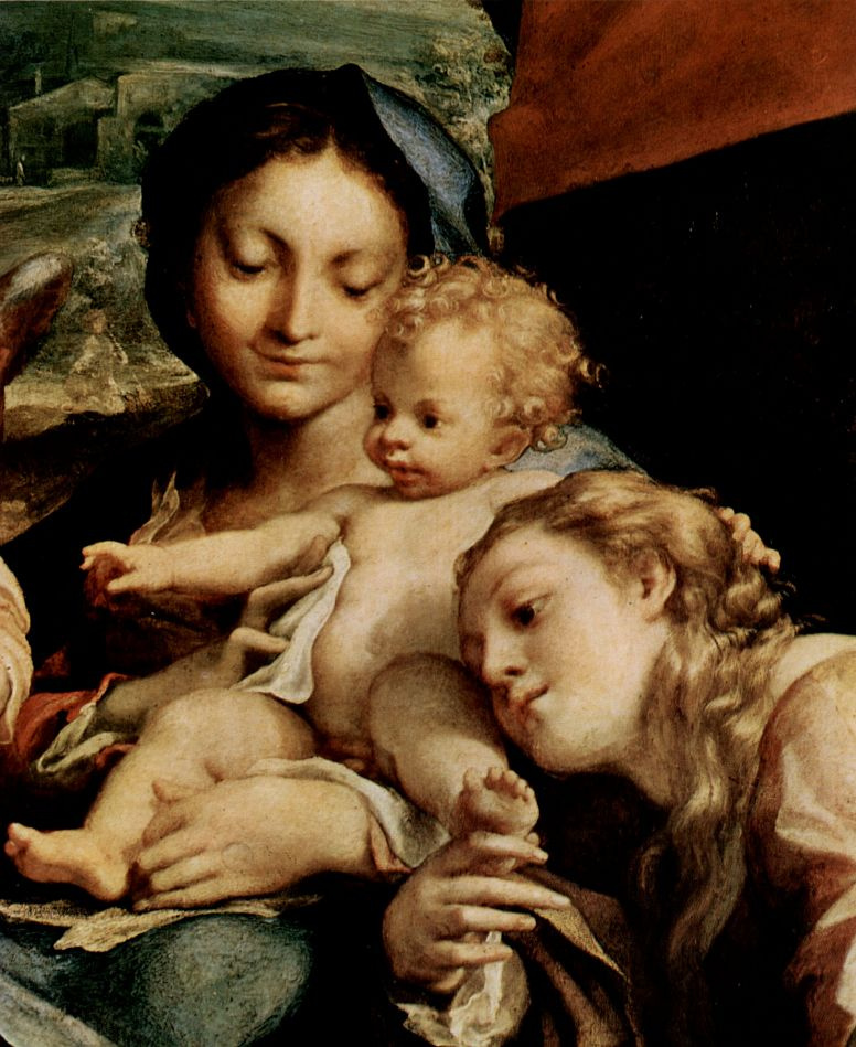 Антонио Корреджо. Мария с младенцем, св. Иероним, св. Мария Магдалина, Иоанн Креститель и ангел, деталь