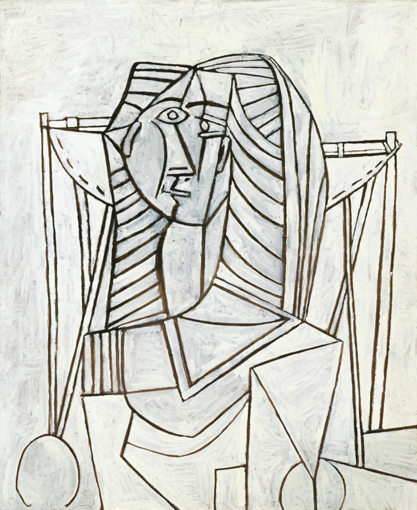 Пабло Пикассо. Женщина в кресле на белом фоне