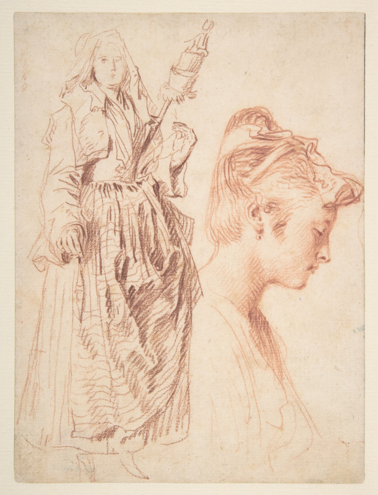 Антуан Ватто. Женщина, держащая шпиндель, и голова женщины в профиль вправо