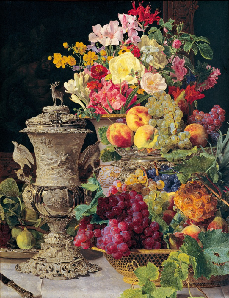 Фердинанд Георг Вальдмюллер. Натюрморт с фруктами, цветами и серебряной чашей