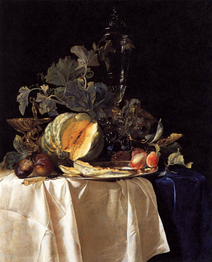 Виллем ван Алст. Натюрморт с тыквой, фруктами и вазой
