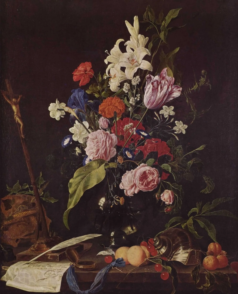Ян Давидс де Хем. Цветы в стеклянной вазе, распятие и череп