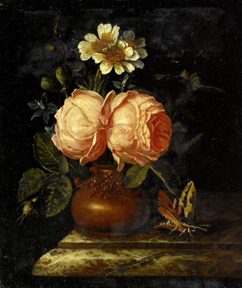 Виллем Фредерик ван Ройен. Розы в глиняной вазе на мраморной столешнице