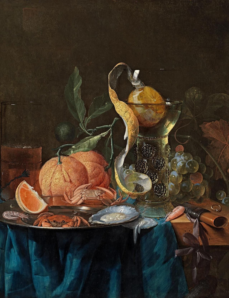 Питер де Ринг. Натюрморт с апельсинами, виноградом, вином, элем, крабами и устрицами на оловянной тарелке на столе, покрытом синей тканью