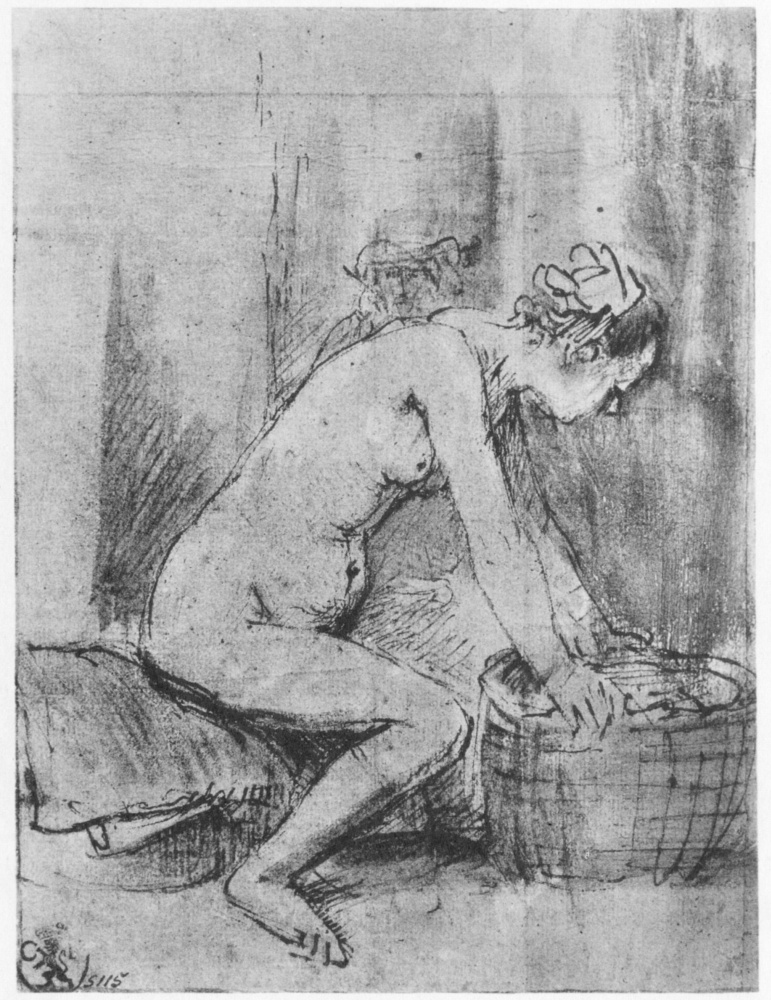 Рембрандт Харменс ван Рейн. Обнажённая в профиль, опирающаяся руками на корзину, и голова мужчины на заднем плане