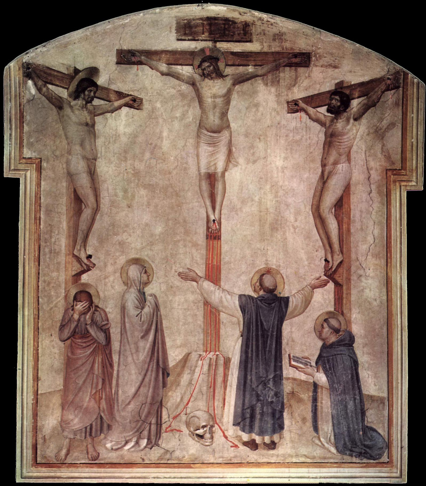 Фра Беато Анджелико. Распятие Христа и двух разбойников. Фреска монастыря Сан Марко, Флоренция