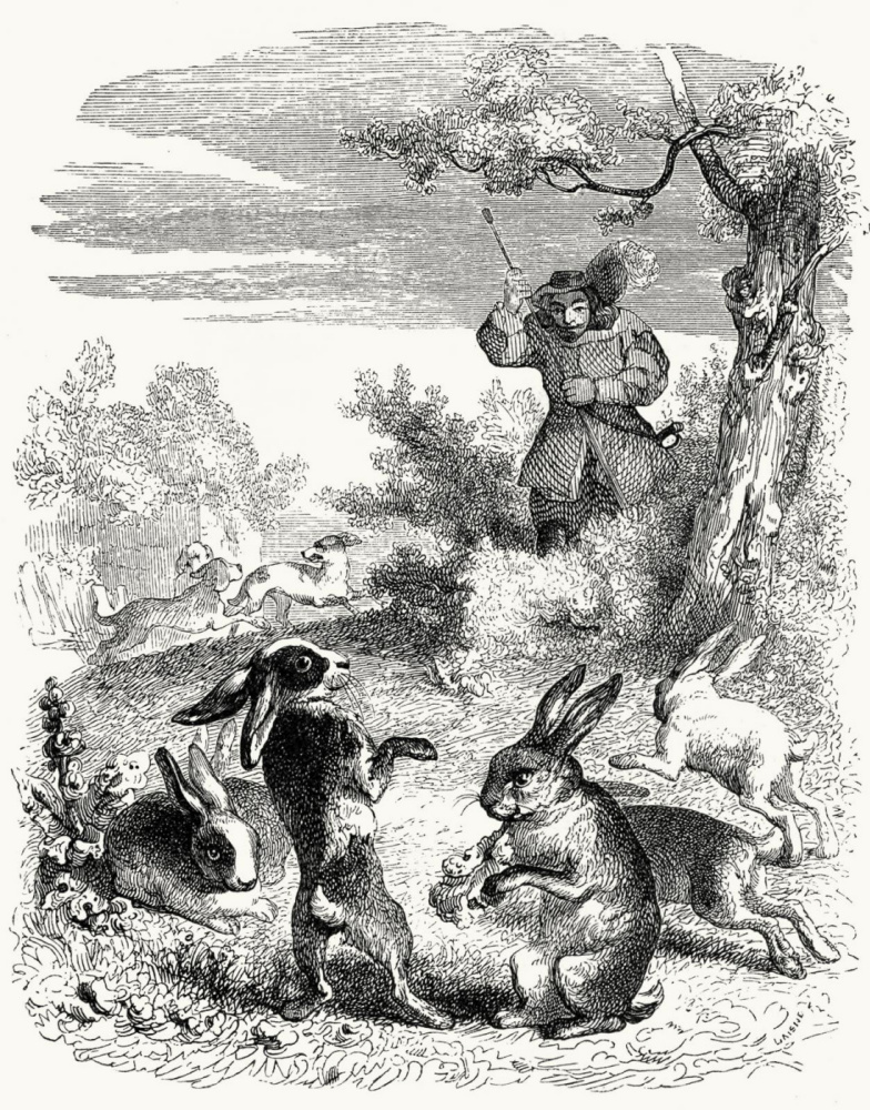 Жан Иньяс Изидор (Жерар) Гранвиль. Охотник и Кролики. Иллюстрации к басням Жана де Лафонтена