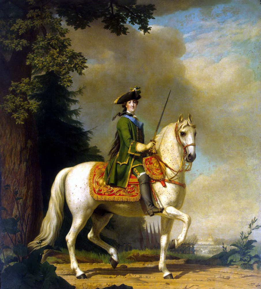 Виргилиус Эриксен. Портрет Екатерины II в гвардейском мундире на коне Бриллианте