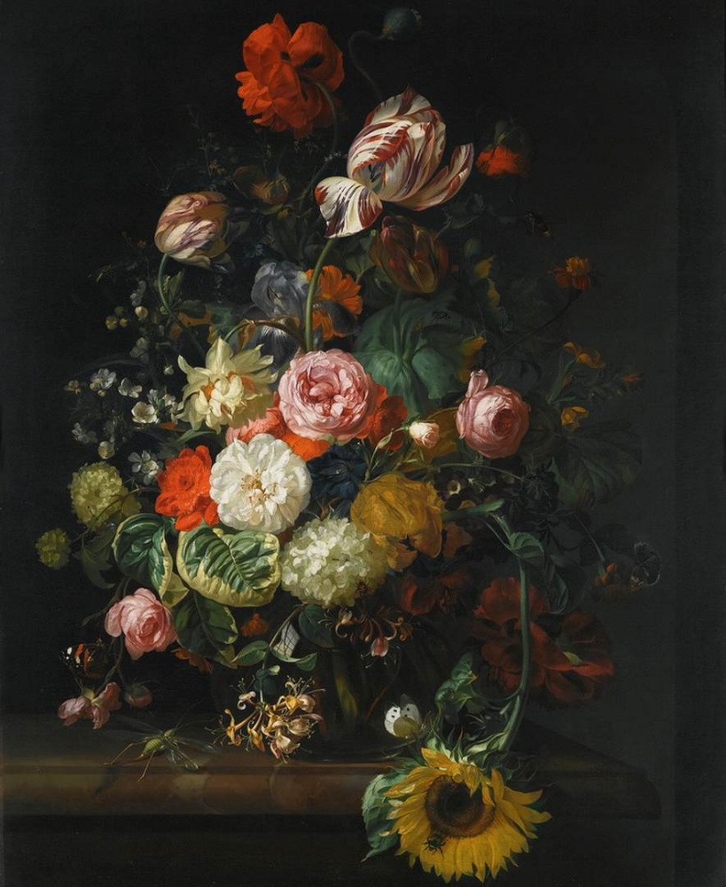 Рашель Рюйш. Розы, тюльпаны, подсолнух и другие цветы с насекомыми в стеклянной вазе