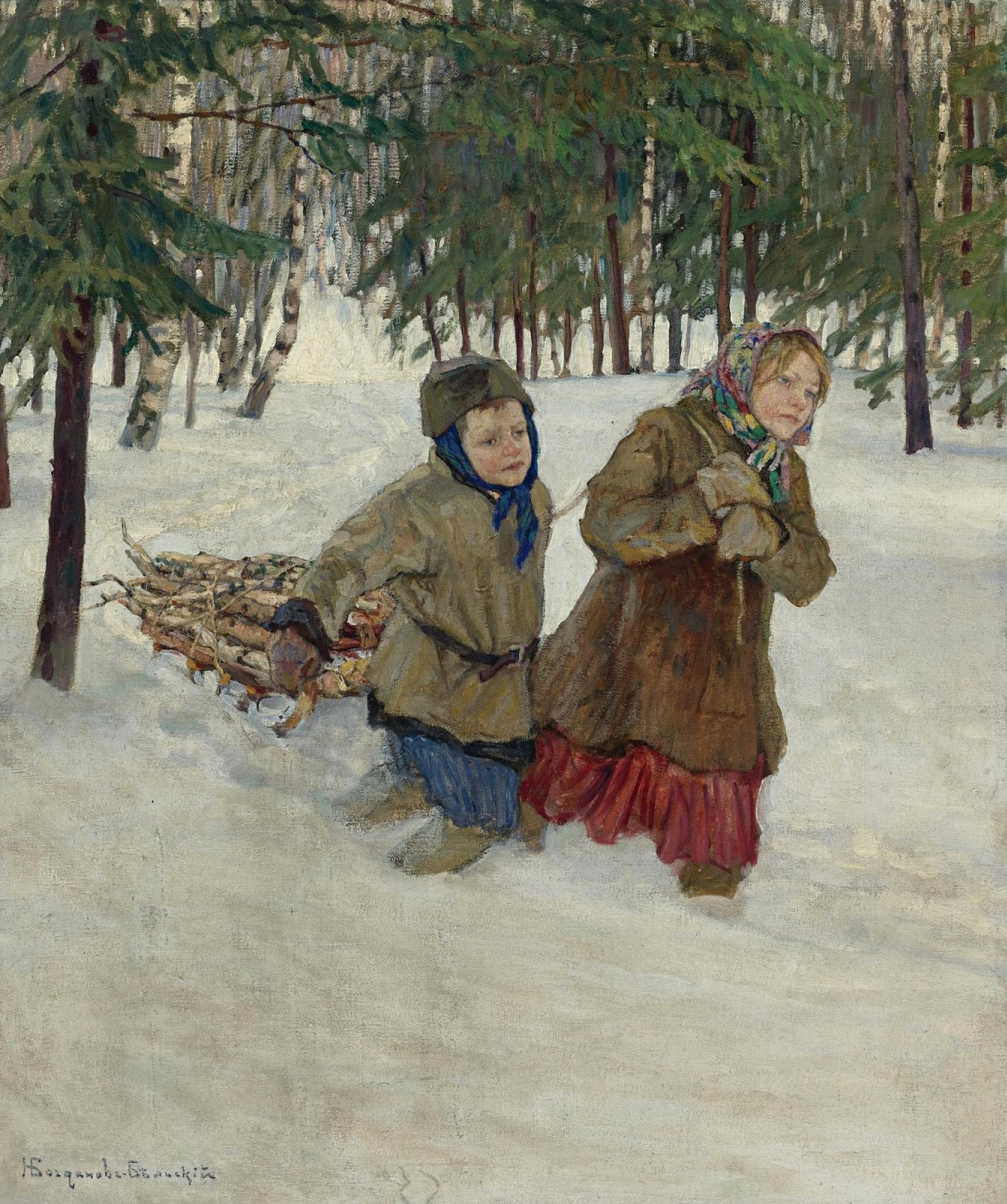 Николай Петрович Богданов-Бельский - Везущие дрова по снегу, 1886, 69×81  см: Описание произведения | Артхив