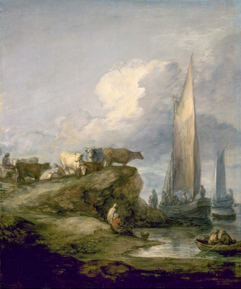 Томас Гейнсборо. Прибрежный пейзаж с рыбацкими лодками и коровами на возвышенности