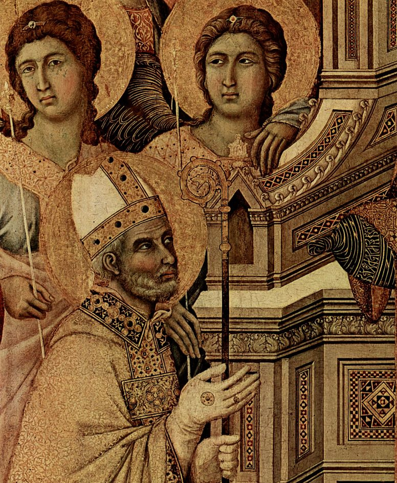 Дуччо ди Буонинсенья. Маэста, алтарь сиенского кафедрального собора, передняя сторона, центральная часть, сцена: Мария с младенцем на престоле, ангела
