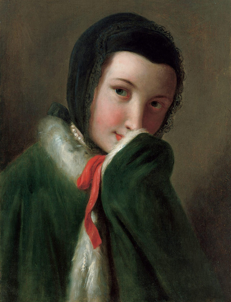 Пьетро Ротари. Портрет женщины с черным кружевным шарфом, зеленым пальто с белым мехом