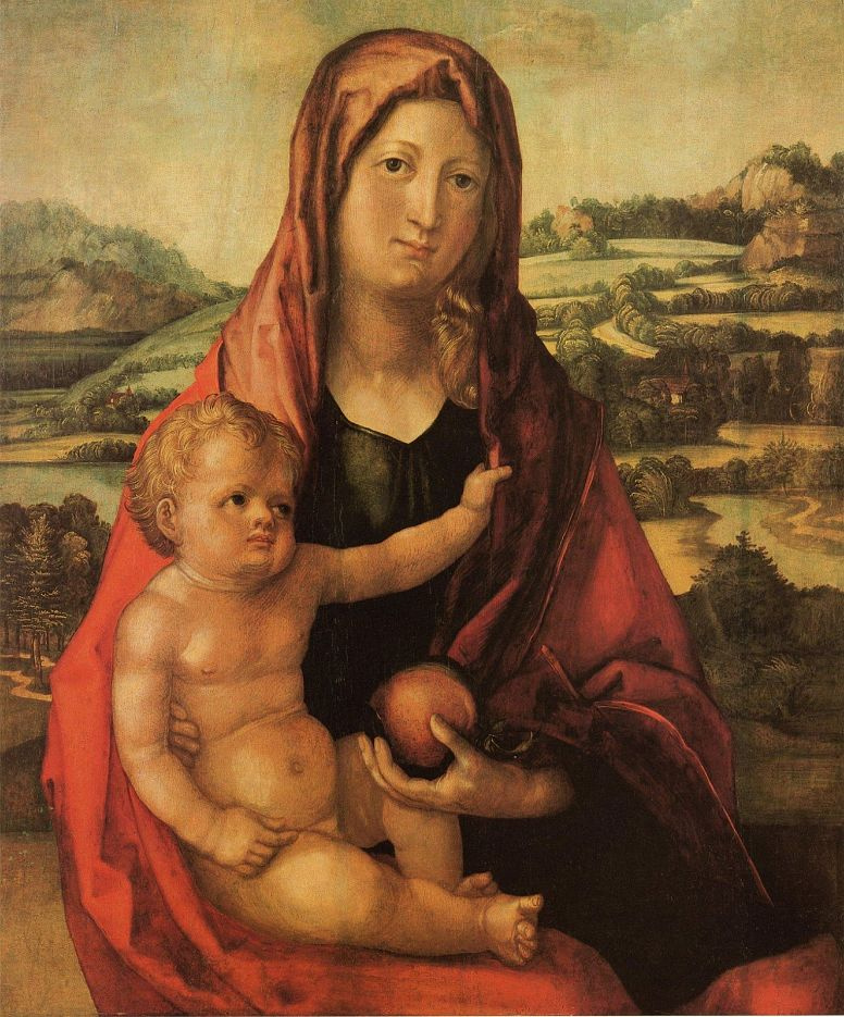 Мария с младенцем на фоне пейзажа
