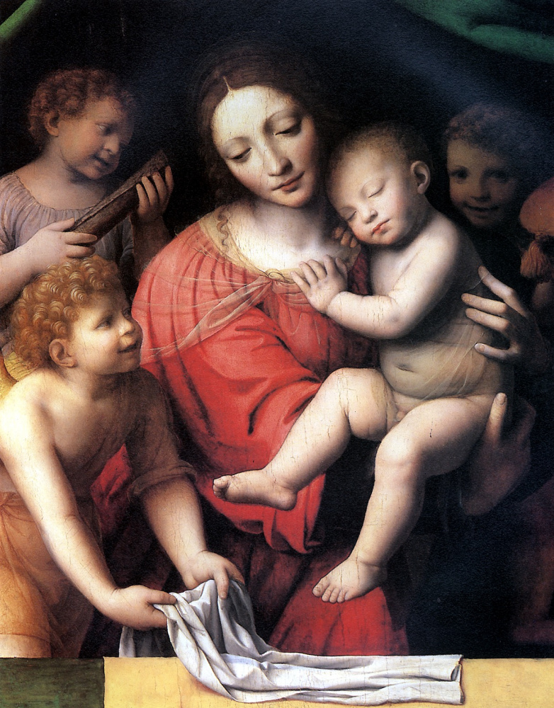 Бернардино Луини. Мадонна со спящим младенцем и три ангела